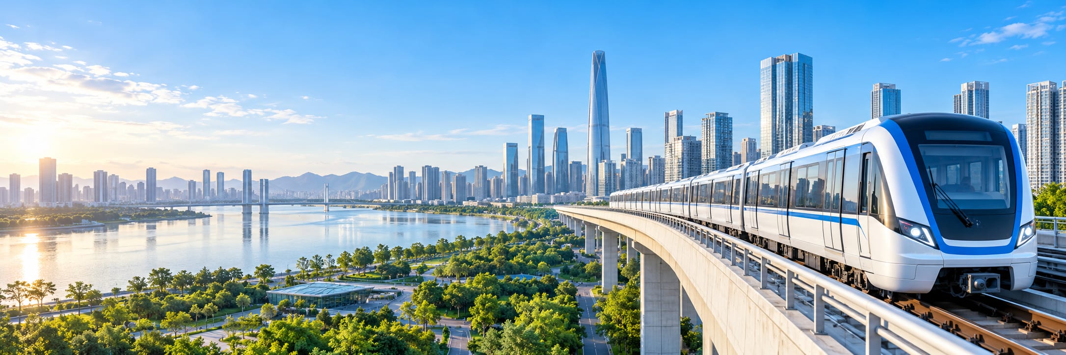 城市轨道列车与滨水景观示意图